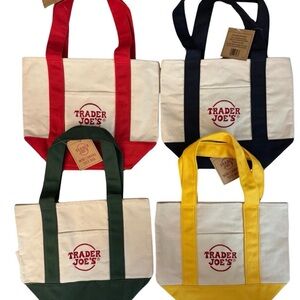 TRADER JOE'S MINI CANVAS TOTE BAG SET OF 4 YELLOW GREEN BLUE RED